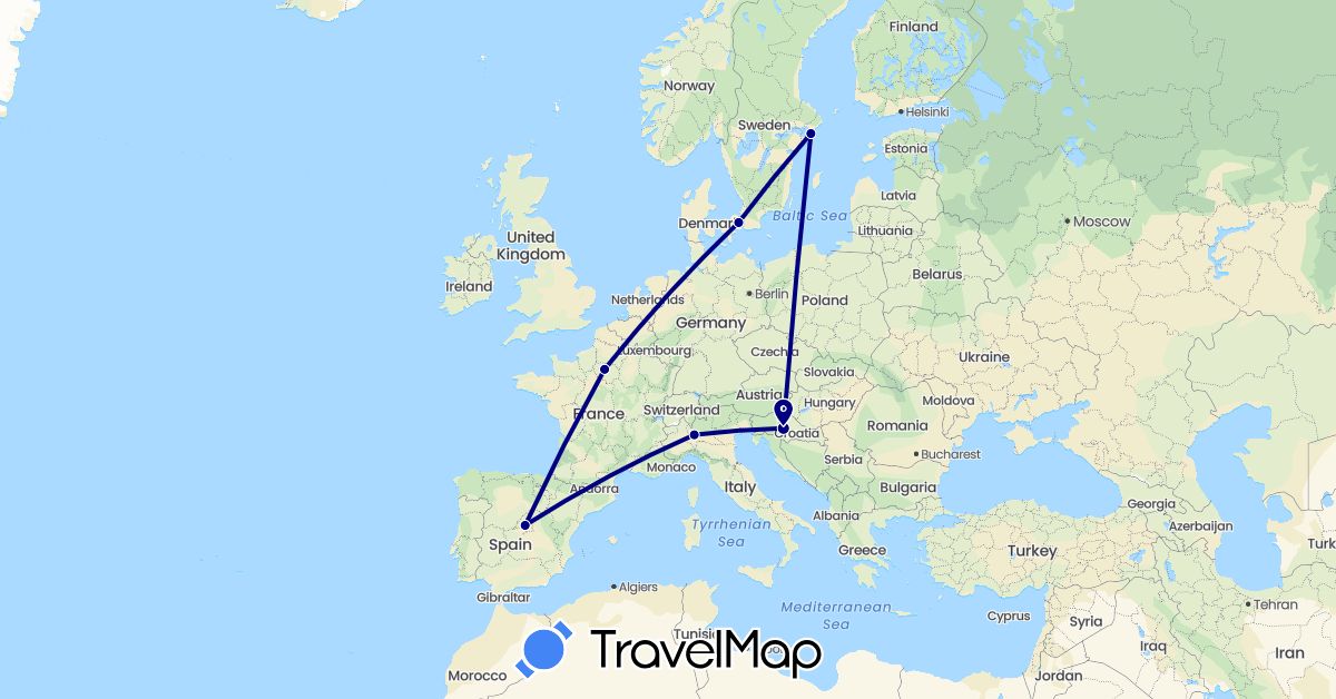 TravelMap itinerary: driving in Denmark, Spain, France, Croatia, Italy, Sweden (Europe)